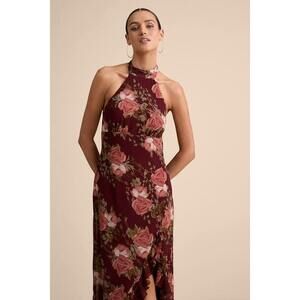 Lulus Elegant Entrance Wine Red Floral Print Halter Maxi Dress - Size M
